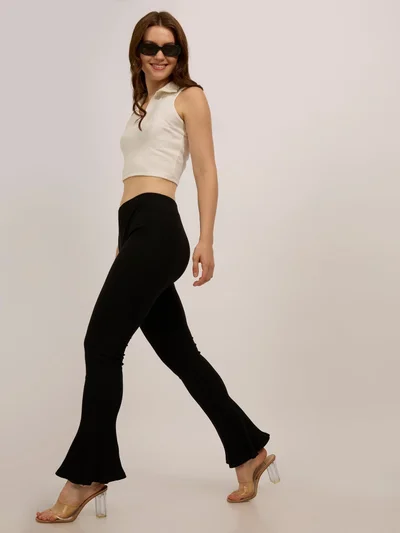 OUTZIDR Black Ribbed Basic Flared Leggings